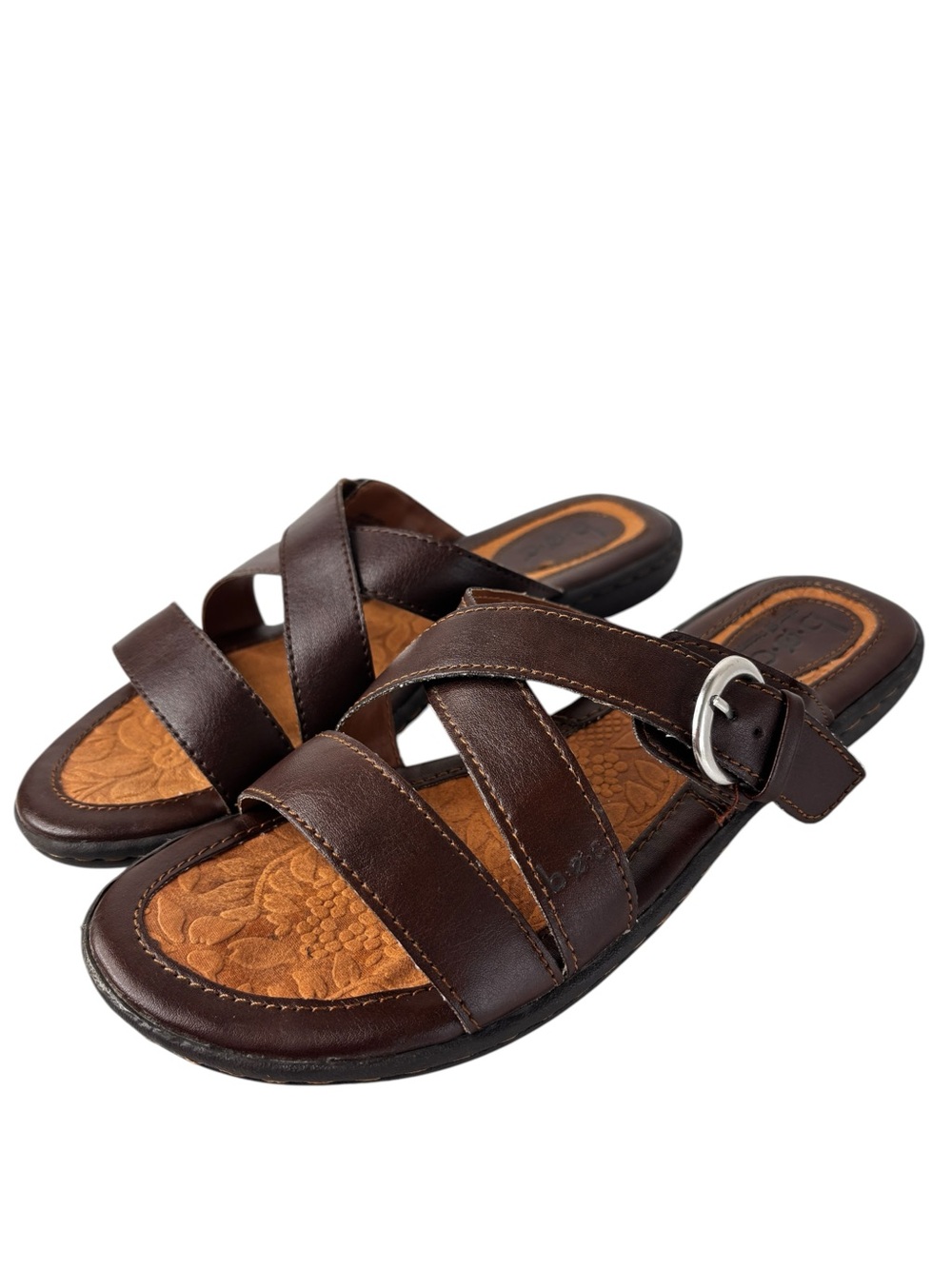 b.o.c. Born Concept Slide Sandals Womens Sz 7 Brown Floral Embossed Faux Leather
